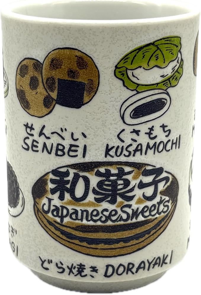 野口熊太郎茶園 Japanese Tea Cup, Sushi Yunomi, 9.1Fl oz, Mino Ware, Printed Wagashi by NoguchiKumataroTeaGarden