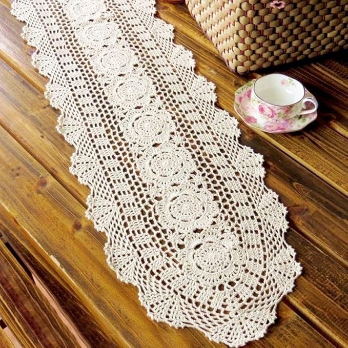 Cotton Handmade Crochet Lace Oval Table Runner Beige 12x60 Inch - Image 2