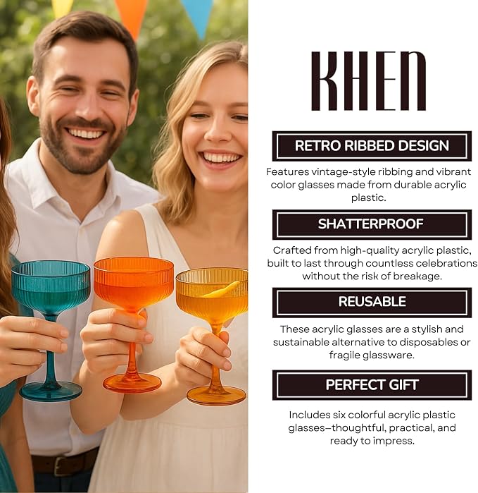 Khen Retro Acrylic Ribbed Glasses, 10oz Multicolor Shatterproof Stemware Coupe - Image 6
