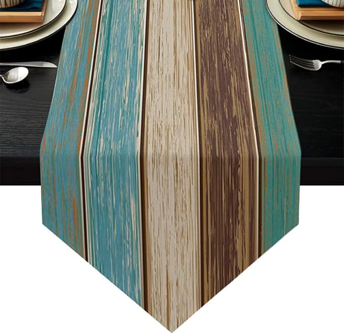 Teal Retro Rustic Table Runner 13x72 Inch Modern Abstract Art Painting Kitchen by ZCHOMI