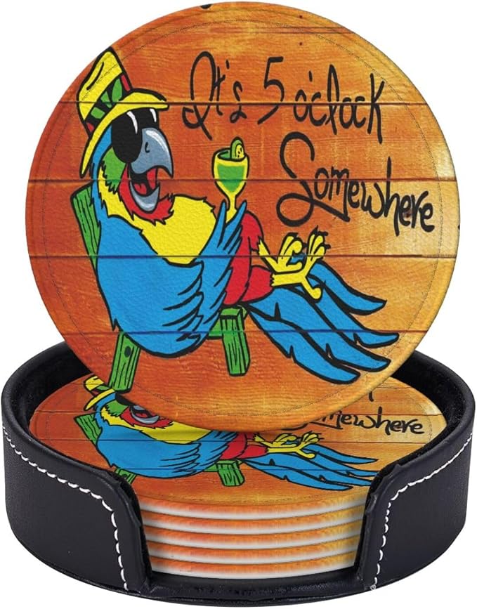 It's 5 O'Clock Somewhere Coasters Set of 6 Pu Leather Drinks Coaster - Image 2