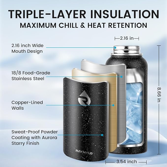 RAYMYLO Insulated Water Bottle 32 oz, Triple Wall Vacuum Stainless Steel | - Image 4