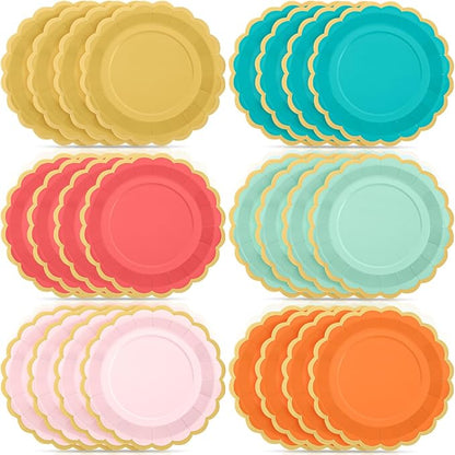48 Pcs Colorful Coral Paper Plates 9 Inch Pastel Rainbow Scalloped Paper Plates Disposable Dinner Dessert for Birthday Wedding Bridal Party Supplies, 6 Colors