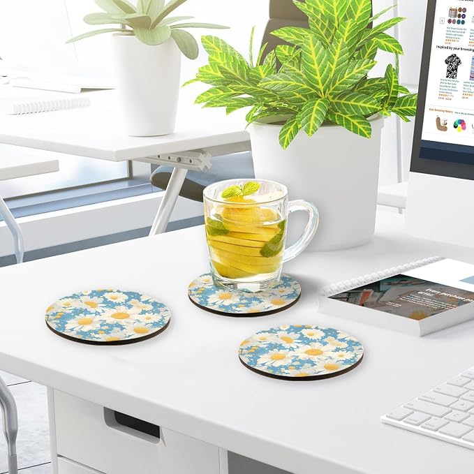 Polka Dots and Tender Chamomile Flowers Set of 4 Drink Coasters Heat Resistant - Image 7