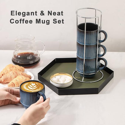 Hasense Navy Coffee Mugs Porcelain Set of 4 - 12 oz Stackable Coffee Cups - Image 2