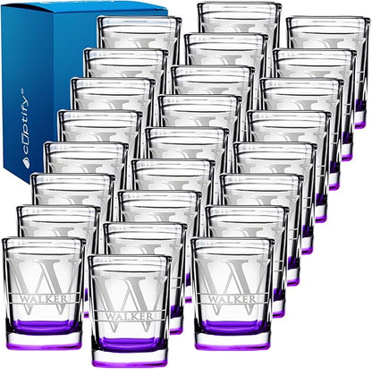 Personalized Square Shot Glasses Set of 25 Purple Bottom 2oz Engraved Initial and Name Custom Gifts, Weddings, Birthdays, Party, Event, Decorations