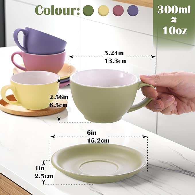 Yundu Matte Color Cappuccino Cups Set of 4-10oz Ceramic Latte Mugs - Image 2