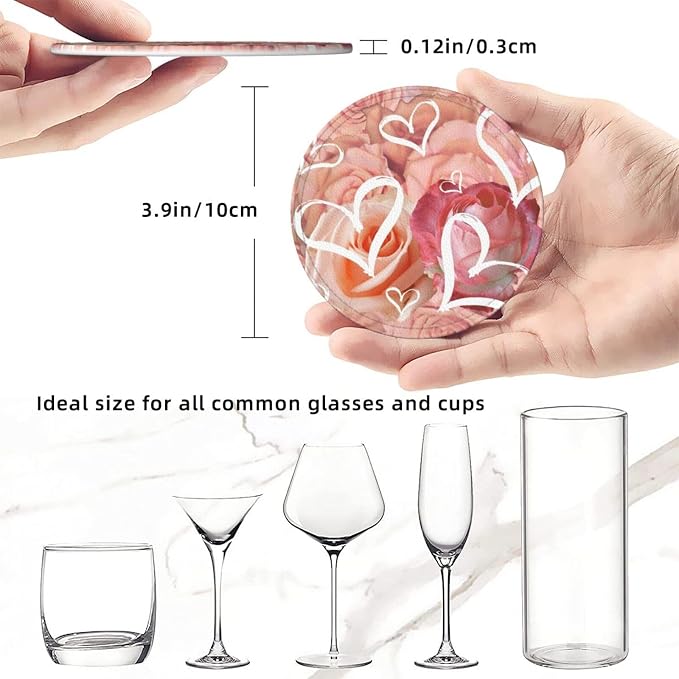 Drink Coasters with Holder Stand Set of 6, Heart Pink Rose Flower Pu Leather - Image 3
