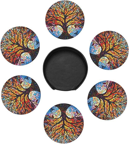 Drink Coasters with Holder Stand Set of 6, Tree of Life Stained Glass Pu - Image 5
