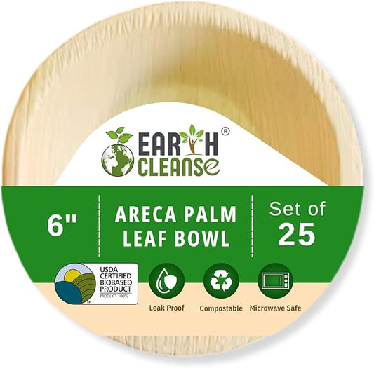 6" Areca Palm Leaf Round Bowls Compostable Biodegradable Eco-Friendly Bowls Natural Disposable Bowls, Perfect for Picnic Catering, Dessert, and Wedding (Pack of 25)