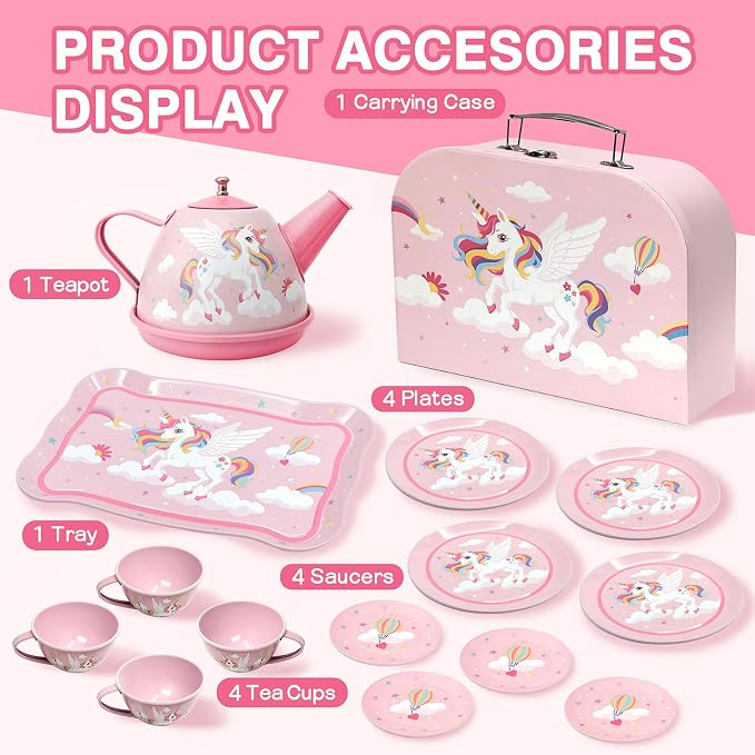 Tea Party Set for Little Girls, Pretend Tin Teapot Set - Image 3