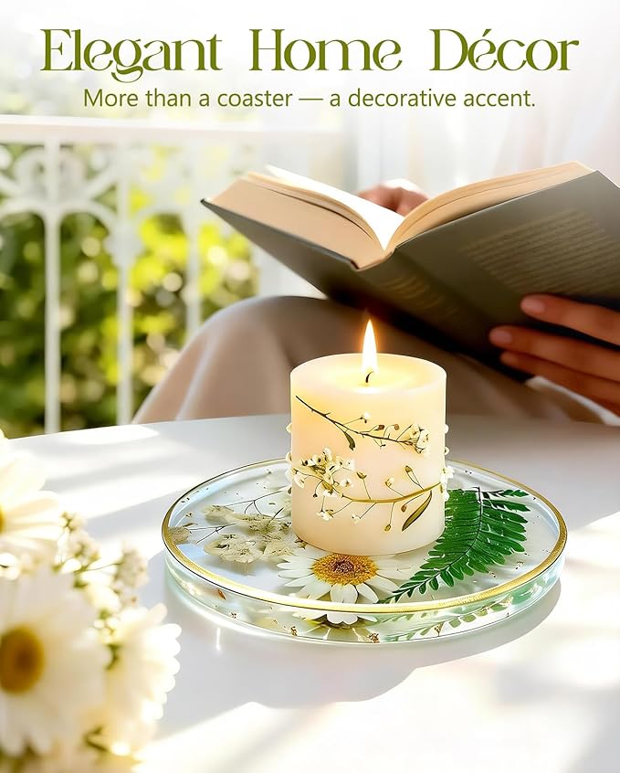 Oqplog Resin Drink Coaster for Desk Coffee Table-White Cute Dried Flowers Cup - Image 5