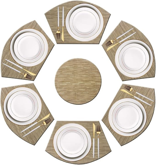 PIGCHCY Wedge Shaped Placemats Set of 6 with Centerpiece Round Mats Washable Kitchen Placemats Heat-Resistant Table Mats(Beige)