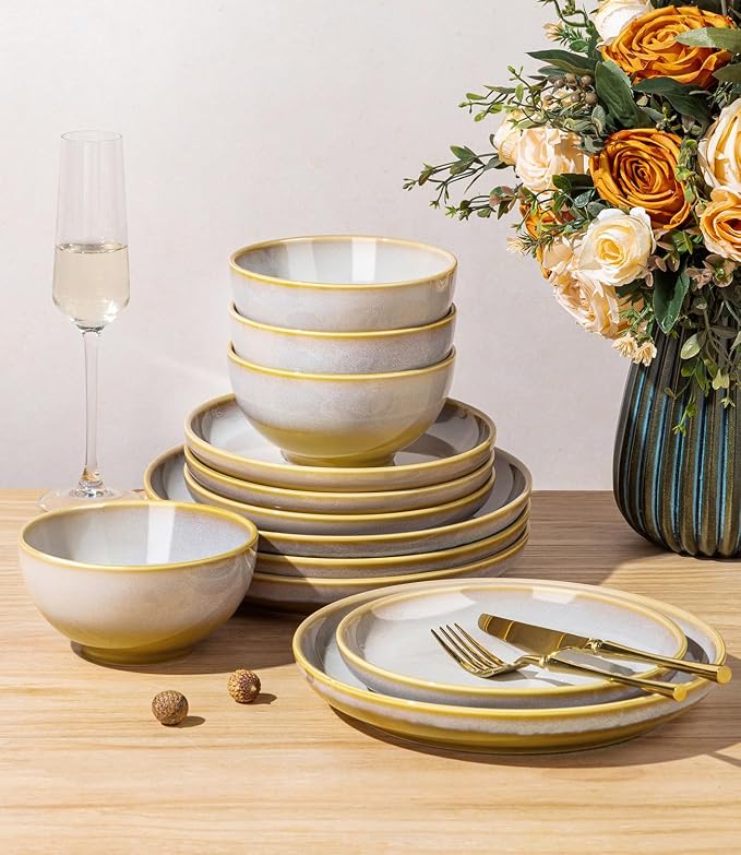 Ceramic Dinnerware Set for 4, 12-Piece Plates and Bowls Set | Lightweight - Image 5