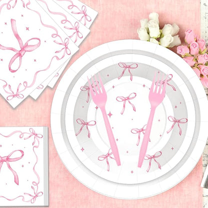 100 Pcs Pink Ribbon Bow Party Supplies Set, Serves 25 – Disposable Paper Plates - Image 4