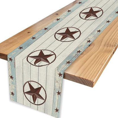 Texas Star Table Runner, Rustic Farmhouse Western Blue Wooden Red Star Barn - Image 4