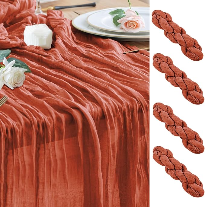 Cheesecloth Fall Table Runner Terracotta 10FT Boho Gauze, 4 Pack | 120 Inch by Wokceer