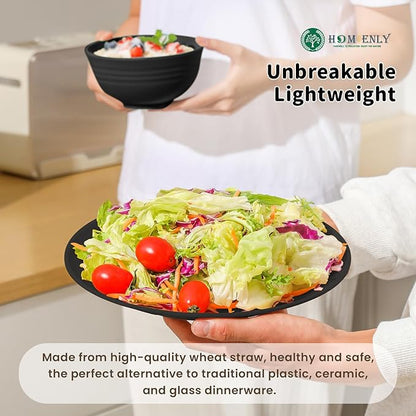 Homienly 16-Piece Wheat Straw Dinnerware Sets, Reusable Unbreakable Plates and Bowls Sets,Cups,Service for 4, Premium Dishwasher and Microwave Safe Dish Sets for Kitchen,Outdoor - Black