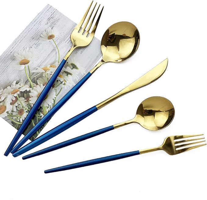 Blue Gold Silverware Set, JASHII 30-Piece Stainless Steel Satin Finish Flatware - Image 3