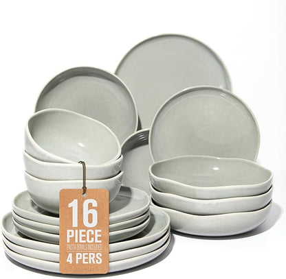 Plates and Bowls Sets, 16 Pieces Dinnerware Set for 4 with Pasta Bowls, Handmade Dishes Set, Chip Resistant Dishware Sets, Microwave Safe Dinner Set, Designed for Interactive Meals, Gray Green