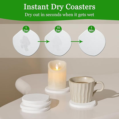 Diatomaceous Earth Coasters Set of 6 for Drinks, Moisture Water Absorbent Stone Coasters for Table Desk at Work, Water Absorbing Instant Drying Diatomite, Modern White