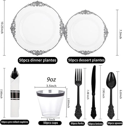 Hioasis 350pcs Clear and Black Plates - Black Party Plates for 50 Guest, Include 100 Heavy-duty Plates(20% Thicker Than Standard), 50 Pre Rolled Gold Plastic Silverware Set, 50 Cups