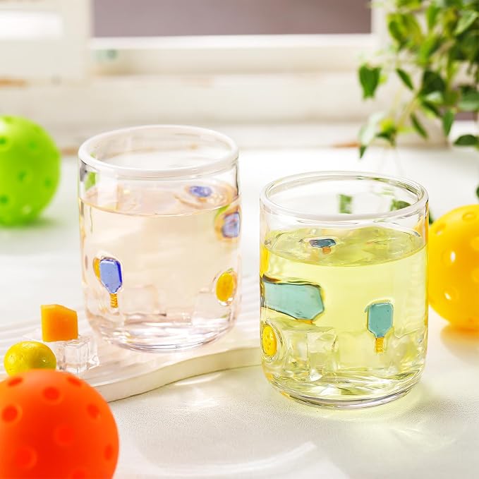 SiliFine 2 Pcs Racket and Yellow Ball Icon Juice Glasses - 14oz Sport Stemless - Image 6