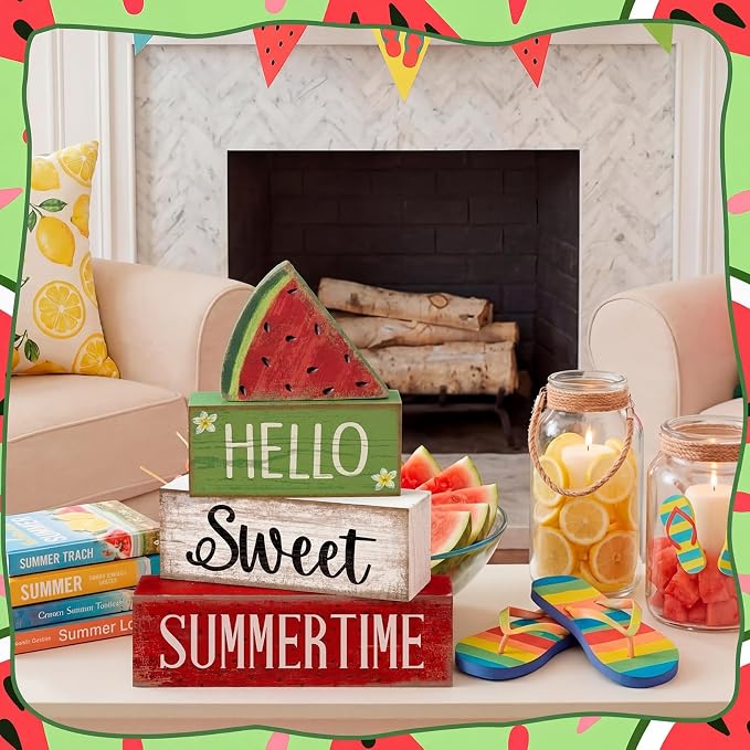 Moucuny 4 Pcs Summer Wooden Table Decor Watermelon Tiered Tray Decor Farmhouse - Image 6