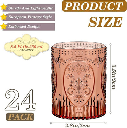 Qinyoung 24 Plastic Vintage Drinking Glasses 8.5oz Stemless Retro Embossed Wine - Image 3