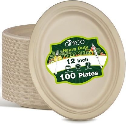 Ginkgo 100 Pack Oval Heavy Duty Paper Plates 12 Inch, Disposable Large Paper Plates Bulk for BBQ, Party, Picnic, Dessert, Thanksgiving and Every Day