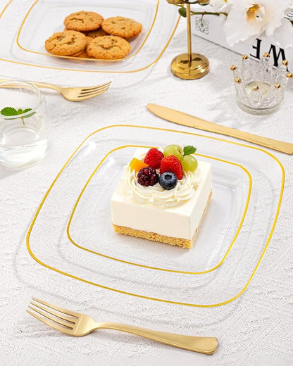 bUCLA 100PCS Clear and Gold Plastic Plates Disposable - Square Gold Heavy Duty - Include 50 Each (Dinner & Dessert) Plates for Party & Thanksgiving