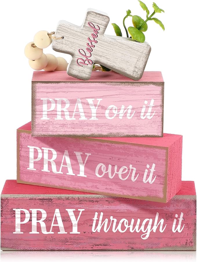 Moucuny 4 Pcs Pink Christian Table Decor Cross Wooden Bible Verse Sign by Moucuny