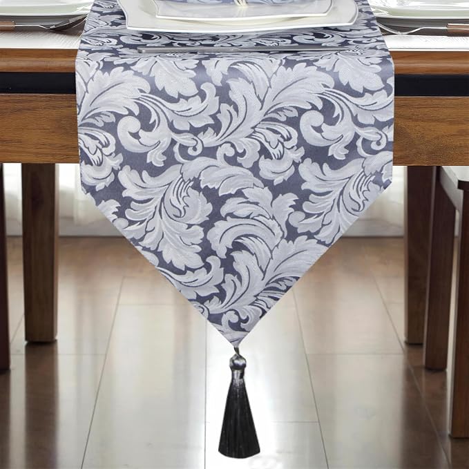 EHouseHome Jacquard Damask Reversible Blue and Grey Table Runners - Image 2
