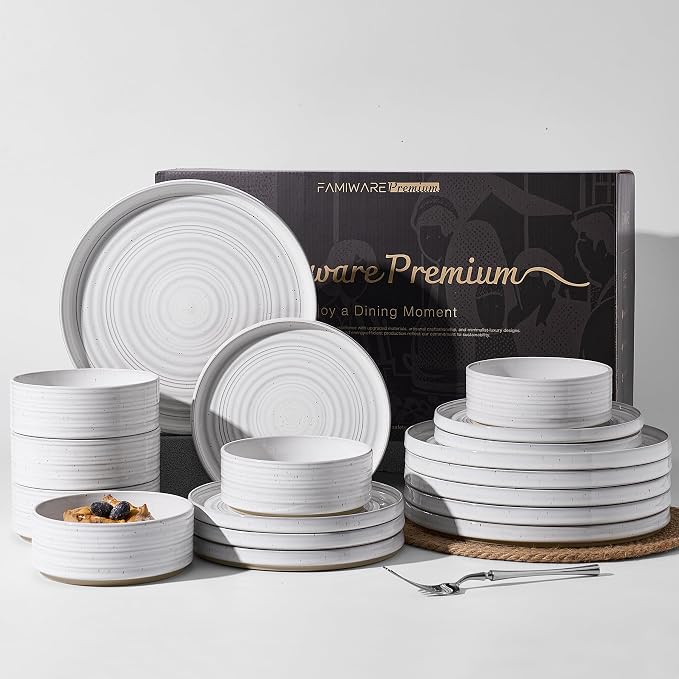 Stoneware Dinnerware Sets for 6, Reactive Glaze Plates and Bowls Set, Chip & by FamiwarePremium