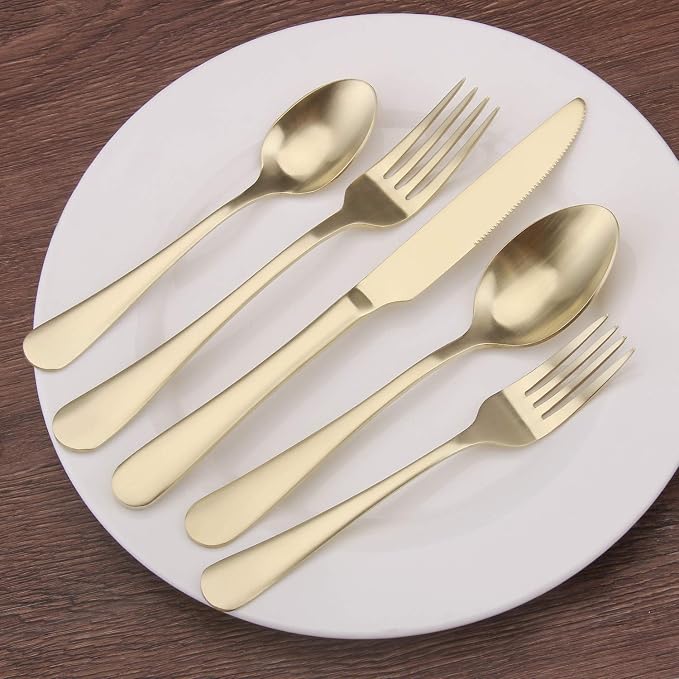 Matte champagne Silverware Set, 20-Piece Stainless Steel Flatware Set, Kitchen - Image 5