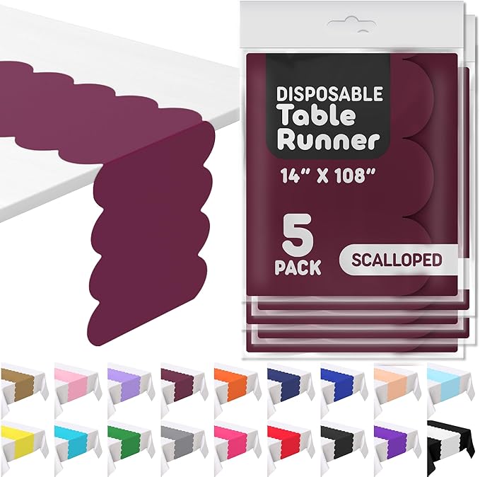 Burgundy Scallop Table Runner, Disposable Plastic, 5 Pack by Swanoo