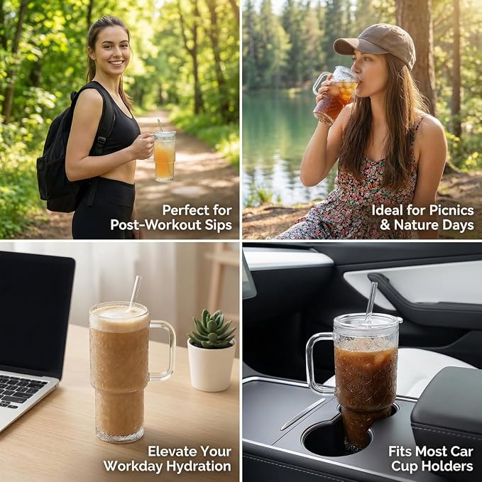 20 oz Glass Tumbler with Lid and Straw, Glass Iced Coffee Cups, Spill-proof - Image 5