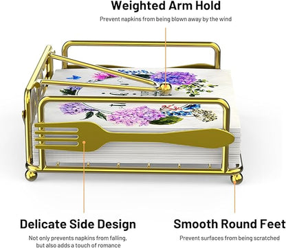 Napkin Holder for Table, Flat Napkin Dispenser with Weighted Arm, Square Cocktail Paper Holder of Elegant Rustic Iron for Kitchen Dining Room Decor Restaurant Farmhouse Hotel Party, Gold