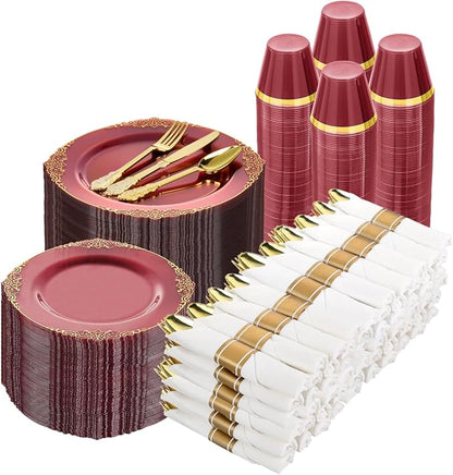 Bestluck 700PCS Burgundy Disposable Dinnerware by Bestluck