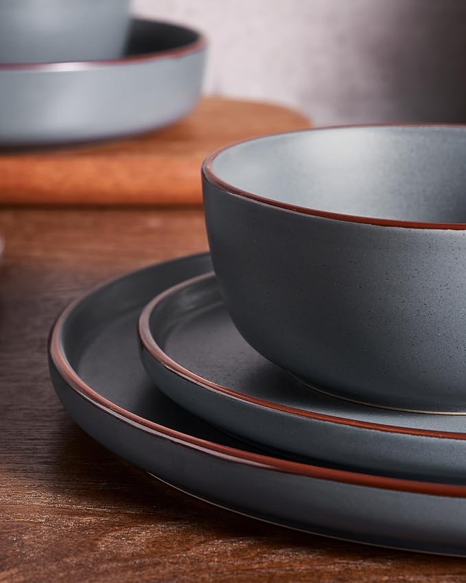 Famiware Mercury 24-Piece Stoneware Plates and Bowls, Charcoal | Dinnerware Set - Image 3
