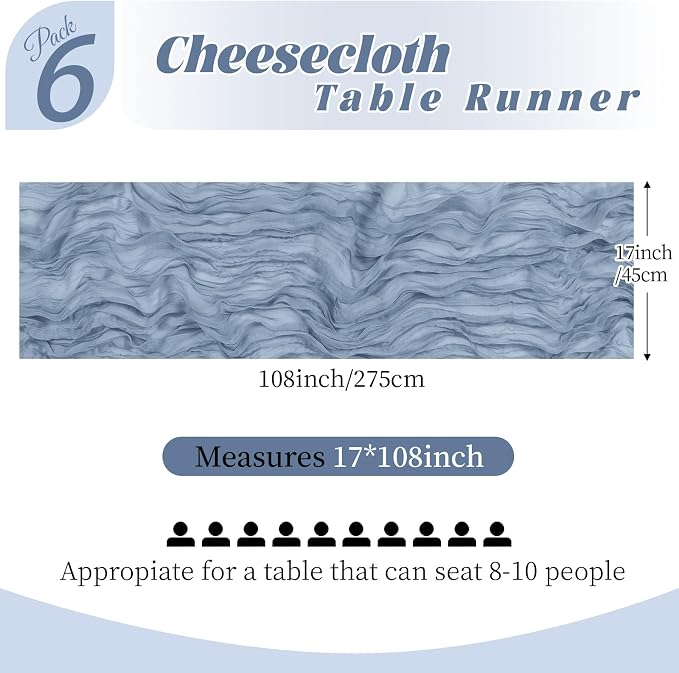 6 Pack Dusty Blue Cheesecloth Table Runner, 17 x 108 Inch, Gauze Cheese Cloth - Image 2