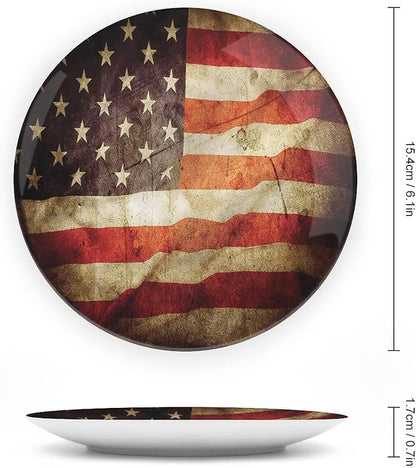 Decorative Plates, American Flag Print Ornament, Grunge Look Patriotic, 10 Inch, 1 Plate with 1 Display Stand, Multicolor