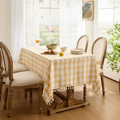 Softalker Checkered Tablecloth Square, Outdoor Linen Cotton Gingham Table Cloth with Tassel, Heavy Duty Wrinkle Free Buffalo Plaid Table Cover for Kitchen Dining Home Party - 55 x 55 Inch, Yellow