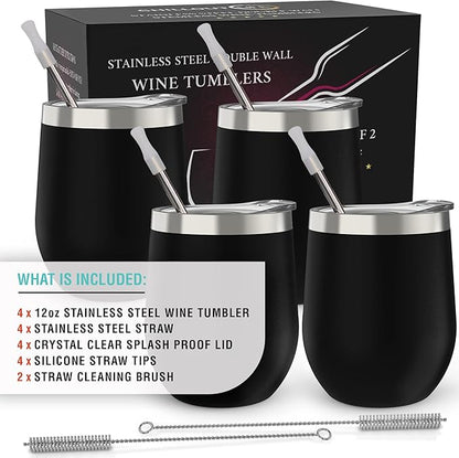 CHILLOUT LIFE 12 oz Stainless Steel Wine Tumblers 4 Pack - Double Wall Vacuum Insulated Wine Cups with Lids and Straws Set for Coffee, Wine, Cocktails - Powder Coated Black