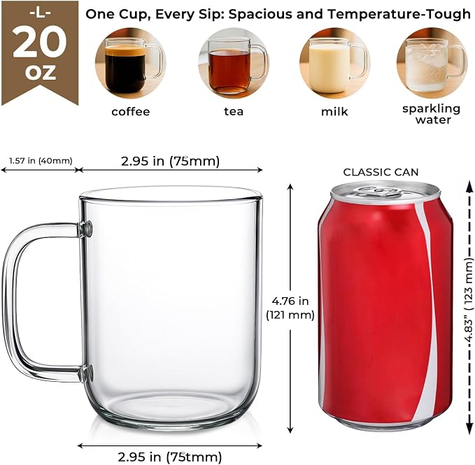 Aquach 20oz Glass Coffee Mugs Set of 2, Borosilicate Glass, Single-walled - Image 4