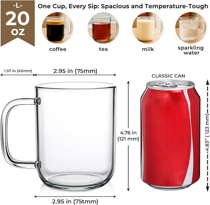 Aquach 20oz Glass Coffee Mugs Set of 2, Borosilicate Glass, Single-walled - Image 4