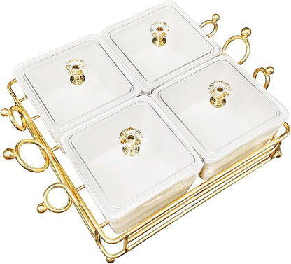 YA JU Ceramic Bowls and with Lid Gold Basket Trays, 4 Removable Small Bowls Condiment Trays Nut Serving Set for Snacks, Fruits, Candy and Condiments - Great for Parties, Holiday Gifts,White