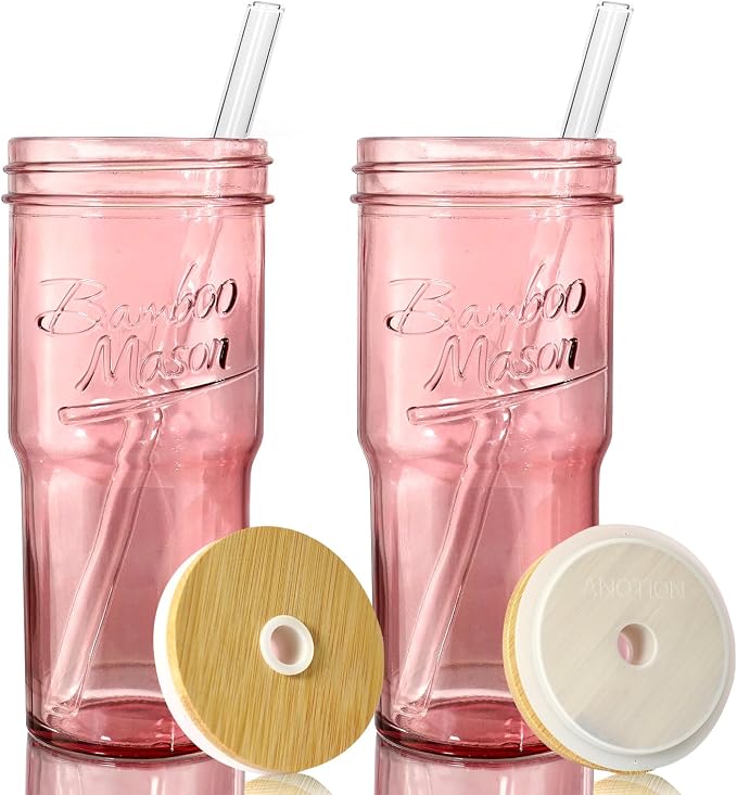 ANOTION Glass Cups with Lids and Straws, 24oz Pink Glass Tumbler Travel Coffee by ANOTION