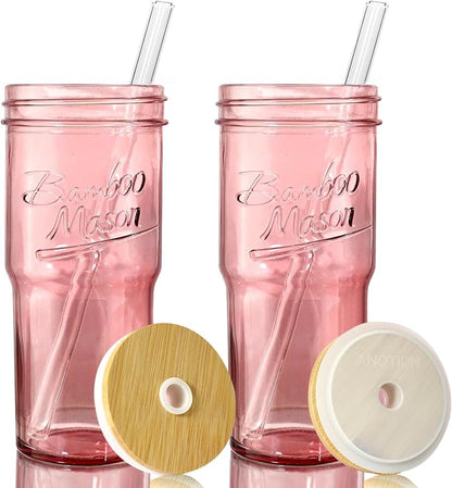 ANOTION Glass Cups with Lids and Straws, 24oz Pink Glass Tumbler Travel Coffee by ANOTION
