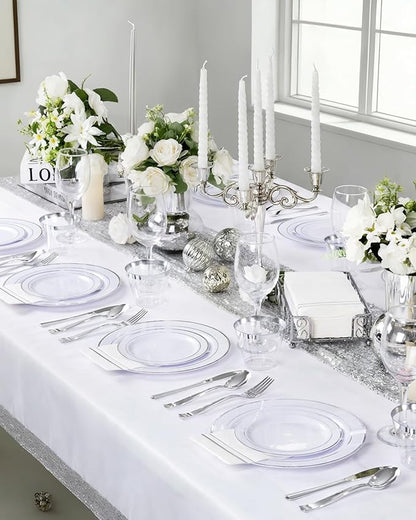 GATHER 700PCS Silver Plastic Plates - Silver Disposable Dinnerware Sets 100 Guest Include 200 Plates, 300 Silverware, 100 Napkins, 100 Cups For Wedding & Party